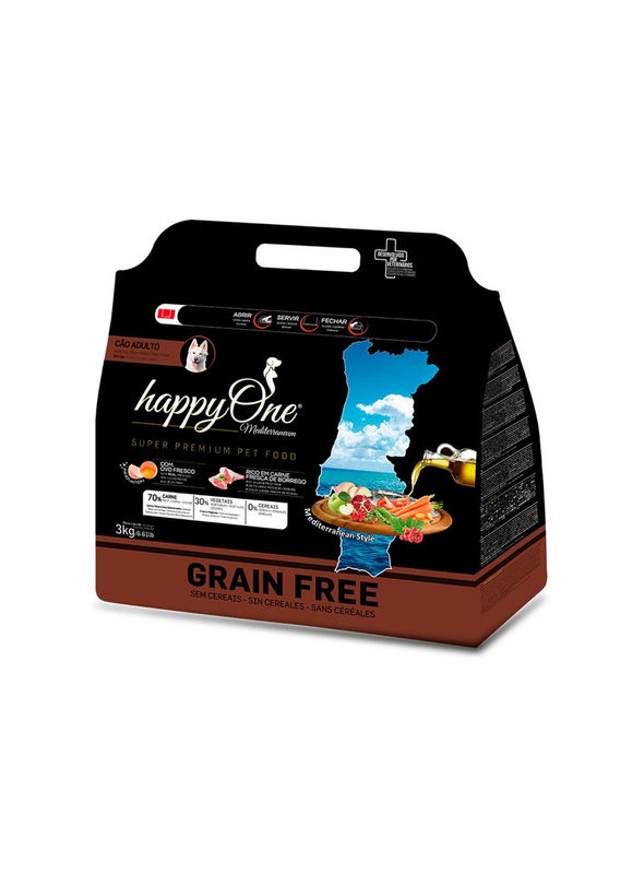 Средиземноморска храна HappyOne Mediterraneum Grain Free Lamb а пораснали кучета от всички породи с прясно агнешко месо, зехтин, сладък картоф, яйца и нар 3 кг.