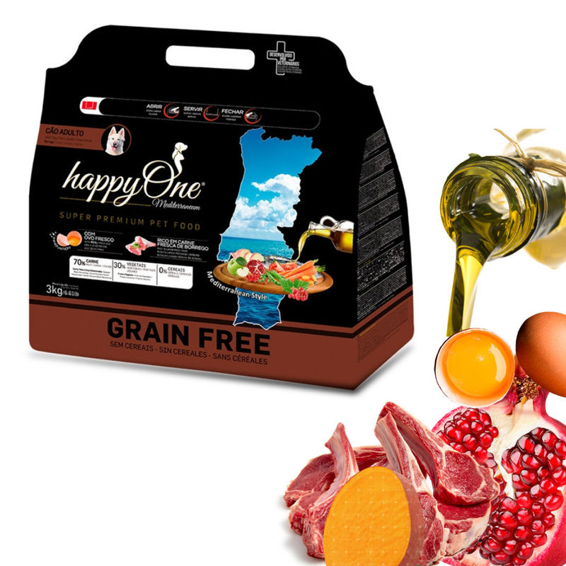 Средиземноморска храна HappyOne Mediterraneum Grain Free Lamb а пораснали кучета от всички породи с прясно агнешко месо, зехтин, сладък картоф, яйца и нар 3 кг. 3