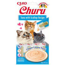 Кремообразно лакомство за капризни котки Churu Cat Treats Tuna with Scallop Recipe мус от риба тон с дълбоководни, океански миди 4×14гр.