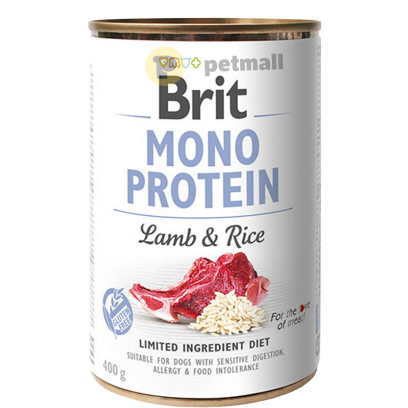 Консервирана храна за кучета BRIT MONO PROTEIN LAMB & RICE – със 72% прясно агнешко месо и 4% ориз 0.400 кг.