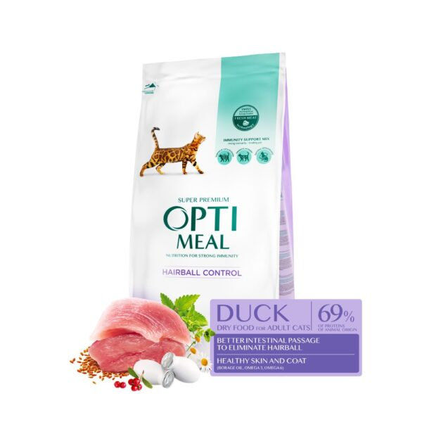 OPTIMEAL CAT ADULT HAIRBALL WITH DUCK Супер премиум храна за котки с патешко за контрол на космените топки 7