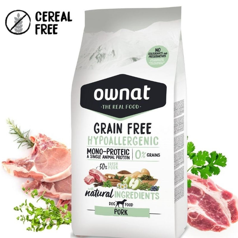 Натурална суха храна OWNAT GRAIN FREE HYPOALLERGENIC PORK MONOPROTEIN – хипоалергенна формула БЕЗ зърнени култури, с 50% прясно свинско 3 кг.