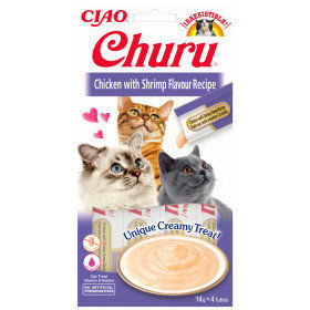 Кремообразно лакомство за капризни котки Churu Cat Treats Chicken with Shrimp Flavour Recipe мус от пилешко месо и скариди 4×14гр.