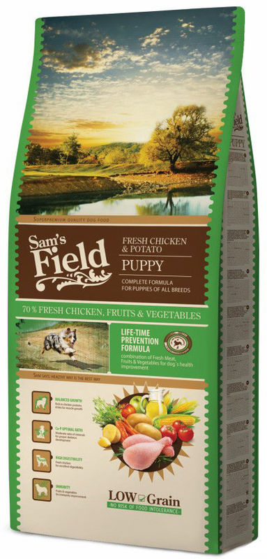 Пълноценна суха храна за малки кученца от всички породи SAM’S FIELD Puppy Low Grain Lamb с 73% агнешко месо, ориз, зеленчуци и плодове 2.5 кг.