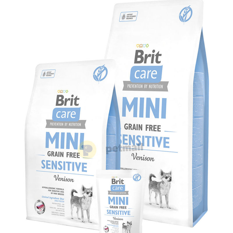 Пълноценна суха храна Brit Care Mini Sensitive Grain Free за чувствителни и капризни кучета от малките породи, с 40% прясно еленско месо 2 кг.