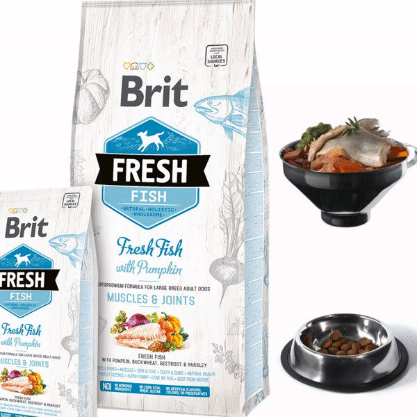 Холистична храна Brit Fresh Fish with Pumpkin Adult Large Muscles & Joints за кучета от големите породи, с прясна риба и тиква 12 кг.