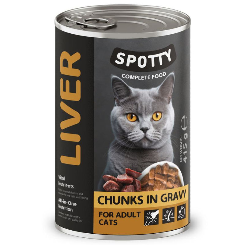 Пълноценна консервирана храна за котки SPOTTY CAT LIVER   хапки дроб в сос грейви, с добавени витамини и минерали