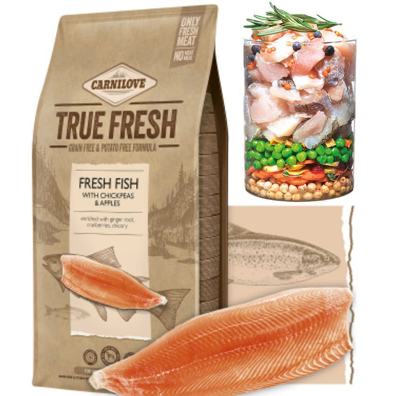 Ултра премиум суха храна Carnilove TRUE FRESH Fish for Adult със 60% истинска, прясна риба, нахут и ябълка, БЕЗ ЗЪРНЕНИ КУЛТУРИ, подходяща за всички породи 1.4 кг.