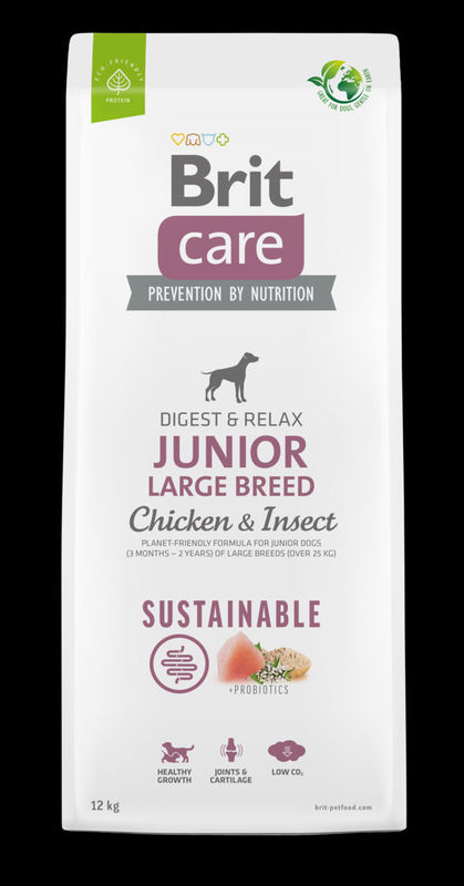 Brit Care Dog Sustainable Junior Large Breed Chicken&Insect- Супер премиум суха храна за подрастващи кученца от големите породи. С високоусвоим протеин от насекоми и пилешко месо 3 кг.
