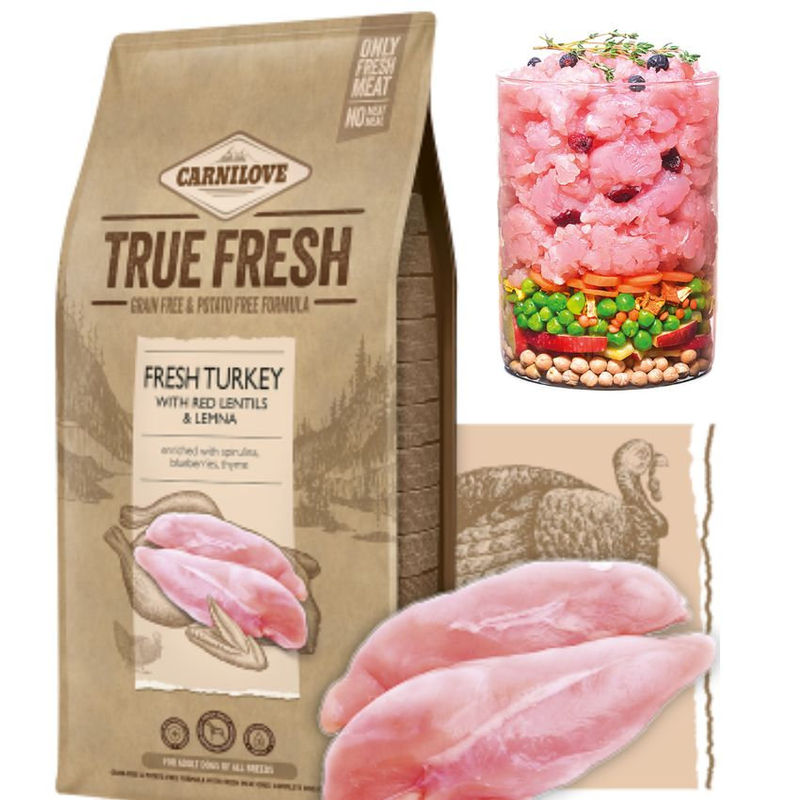 Ултра премиум суха храна Carnilove TRUE FRESH Turkey for Adult със 60% истинско, прясно пуешко месо, червена леща и водна леща, БЕЗ ЗЪРНЕНИ КУЛТУРИ, подходяща за всички породи 4 кг.