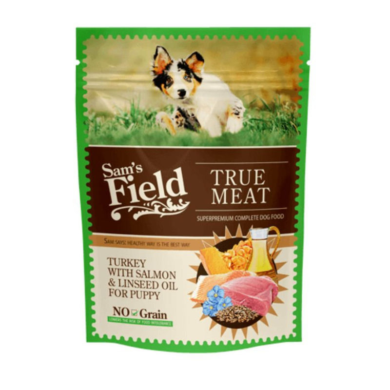 Натурална мокра храна, пауч за малки кученца Sam’s Field Turkey with salmon Puppy с 52% пуешко, 10% сьомга и ленено масло 0.260 кг.