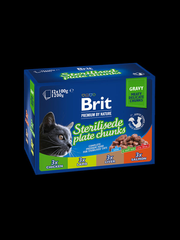 Кутия с паучове за кастрирани котки Brit Premium by Nature Family STERILISED PLATE CHUNKS 12 броя