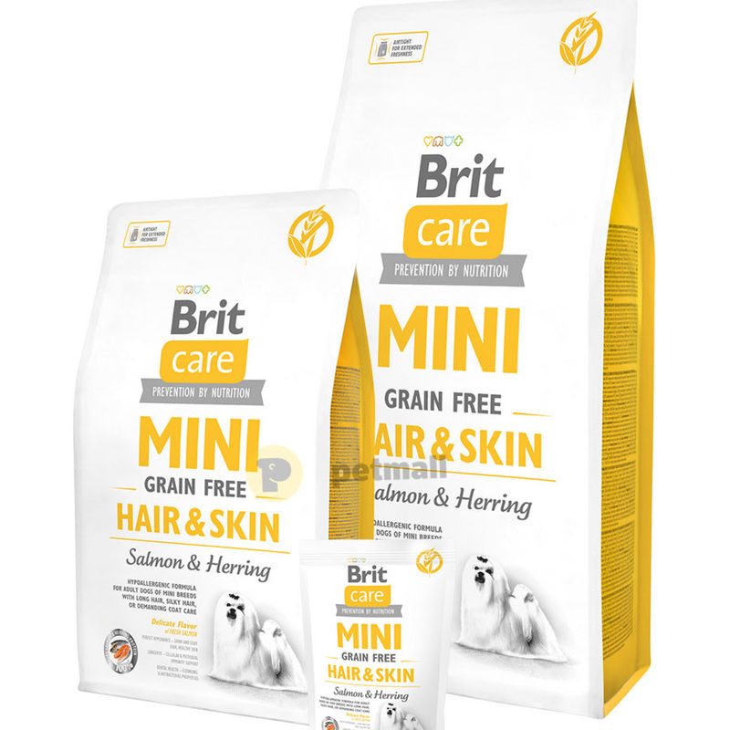 Пълноценна суха храна Brit Care Mini Grain Free Hair & Skin за красива козина и здрава кожа, със сьомга и херинга 0.400 кг.