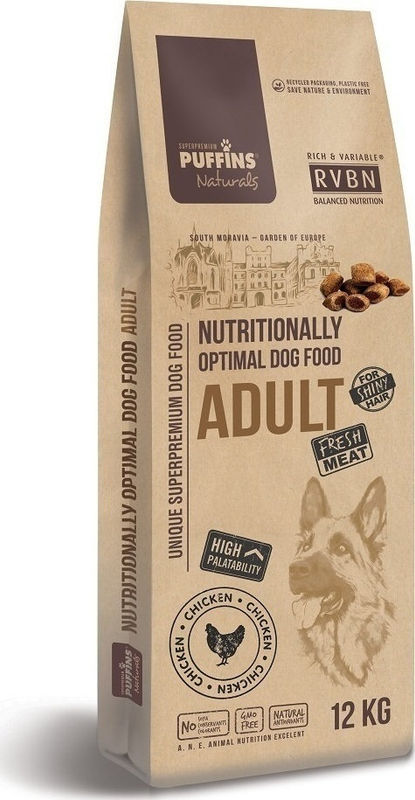 Супер премиум храна Puffins Adult – за пораснали кучета от всички породи, със 76% прясно пилешко месо годно за човешка консумация 2 кг.