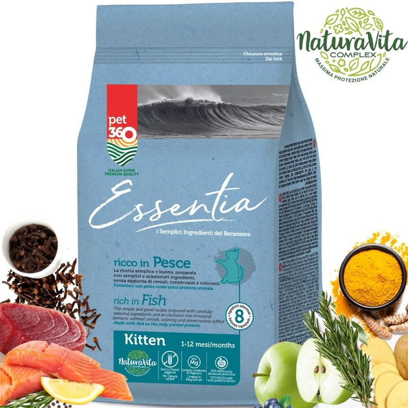 Супер премиум храна за котки Essentia Kitten, БЕЗ ЗЪРНО, със 78% протеин от сьомга и риба тон + куркума и розмарин, за малки котенца до 12 м. 0.300 кг. 2