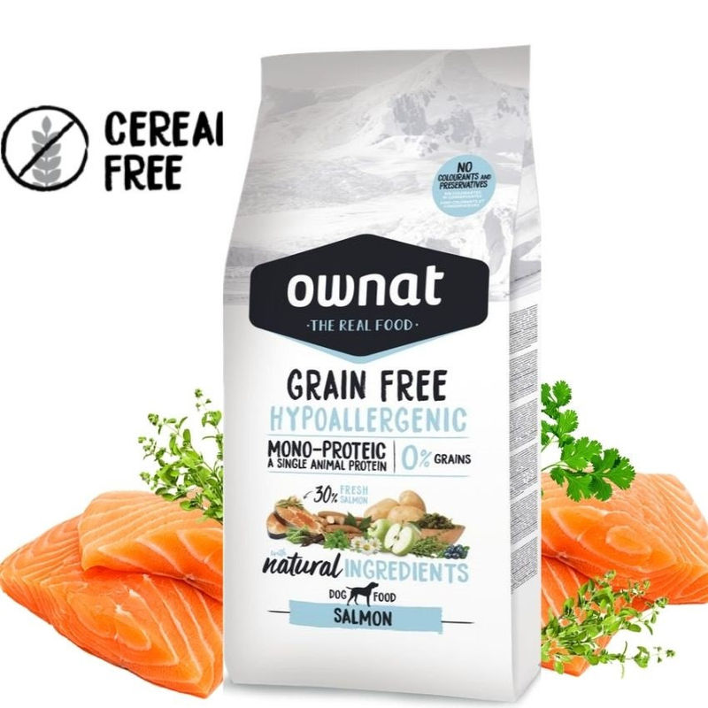 Натурална суха храна OWNAT GRAIN FREE HYPOALLERGENIC SALMON MONOPROTEIN – хипоалергенна формула БЕЗ зърнени култури, с 30% прясна сьомга 12 кг.