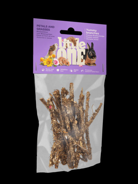 Натурални, плодни клонки за гризане Little One Yummy branches с венчелистчета от дива роза, невен, хибискус, слънчоглед, метличина 35 гр. 35 гр.