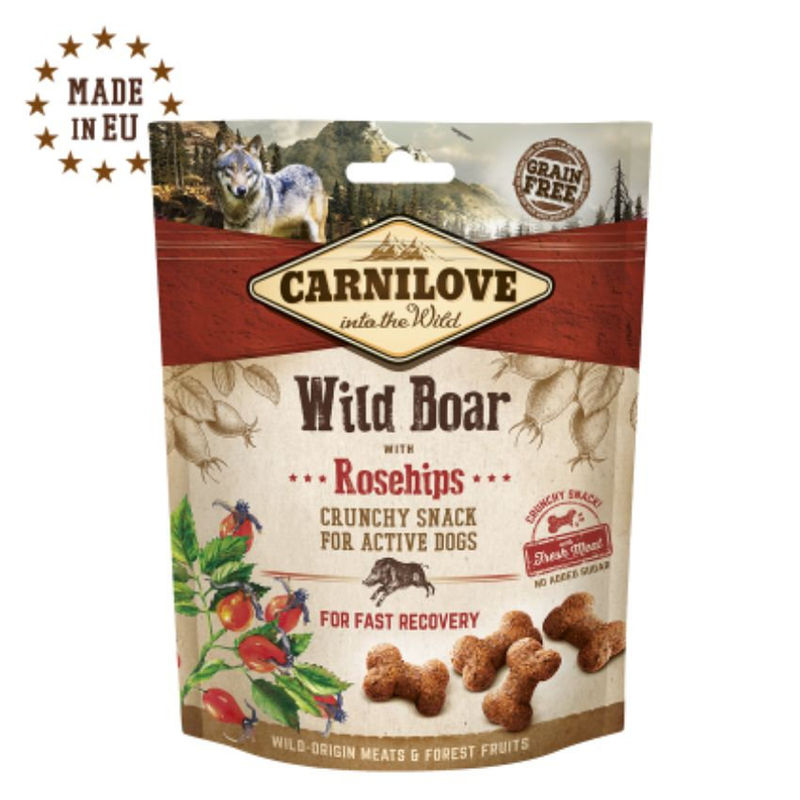 Хрупкави лакомства за активни кучета Carnilove Crunchy snack Wild Boar with Rosehips with Fresh meat  с 15% Прясно месо от глиган, 35% сушено и шипки, БЕЗ ЗЪРНЕНИ КУЛТУРИ 0.200 кг.