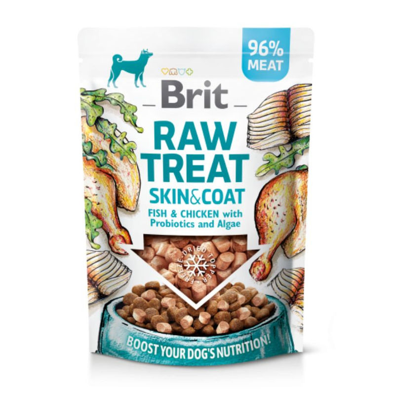 Кучешко лакомство за здрава кожа и красива козина Brit Raw Treat Skin & Coat. Freeze-dried Fish & Chicken от Сурово лиофилизирано – 96% ПРЯСНО МЕСО от риба и пиле