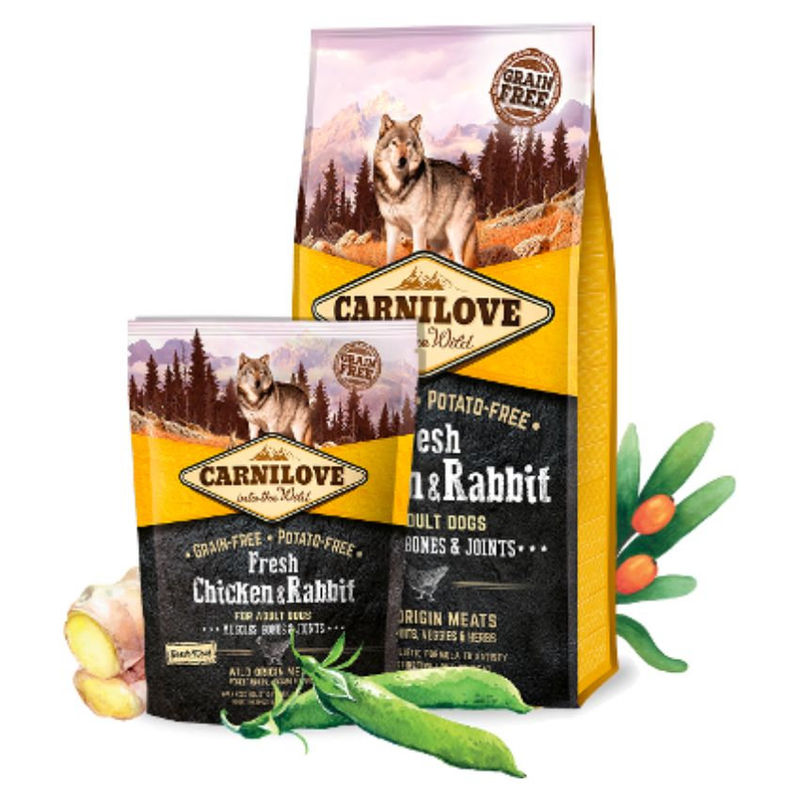 Натурална суха храна  с прясно месо  за здрави мускули и стави за кучета Carnilove FRESH  Chicken & Rabbit muscles, bones and joints for Adult със 40% прясно пилешко и 20% заешко, БЕЗ ЗЪРНЕНИ КУЛТУРИ  1.5 кг. 2
