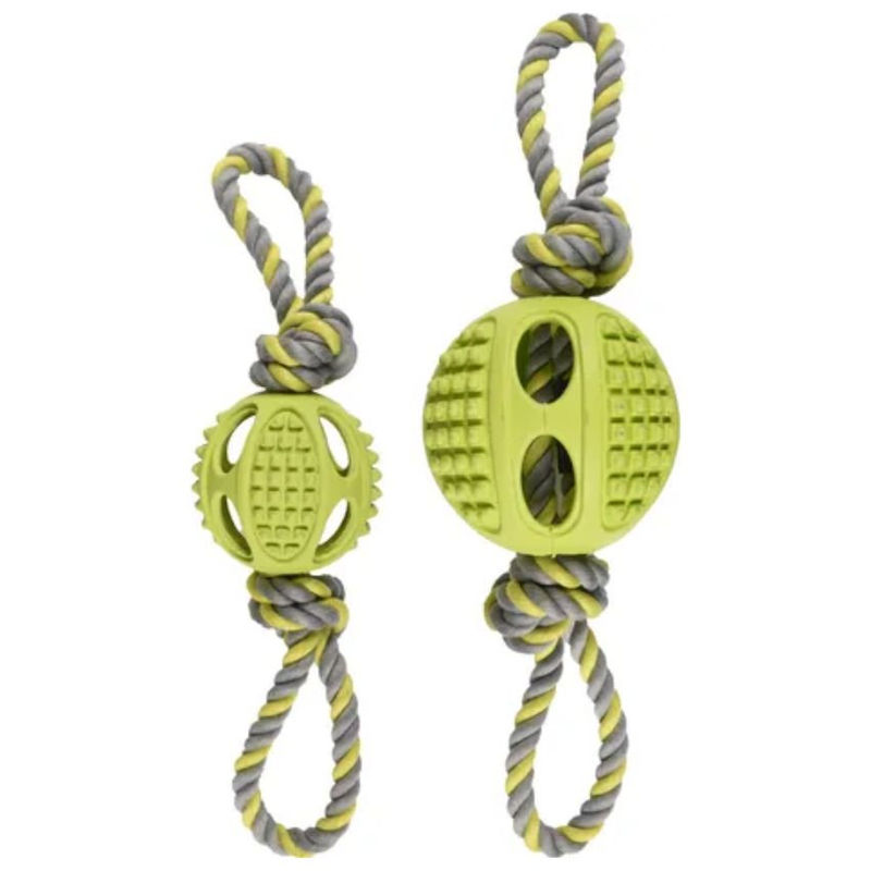 Гумена топка Flamingo Ballrope с въже за дърпане за кучета Зелен