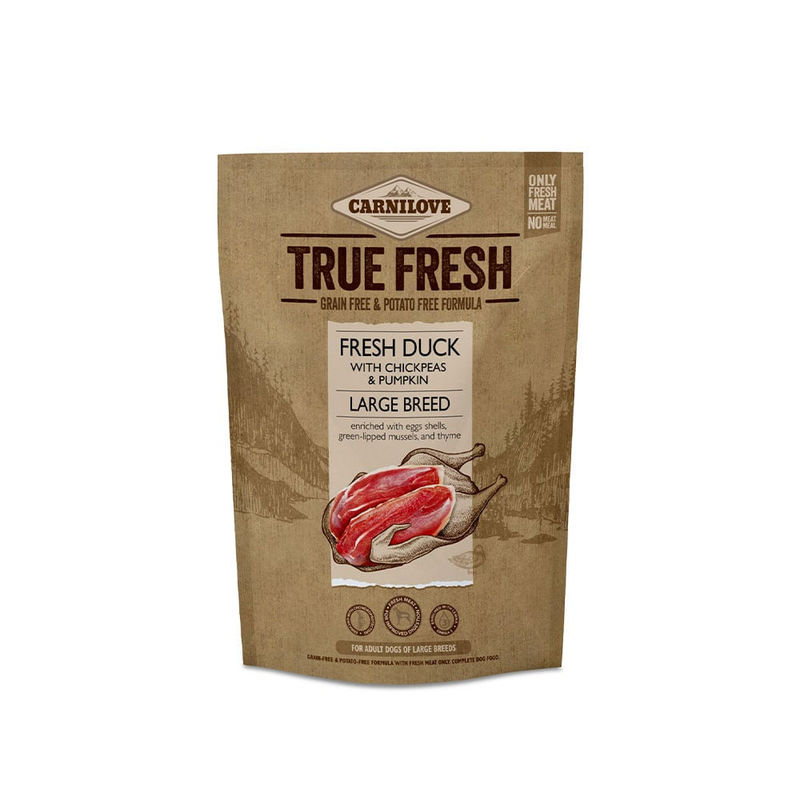 Ултра премиум суха храна Carnilove TRUE FRESH DUCK Large Breed със 60% истинско, прясно патешко месо, черупки от яйца, зеленоуста мида и мащерка БЕЗ ЗЪРНЕНИ КУЛТУРИ, подходяща за кучета от големи породи 1.400 кг.
