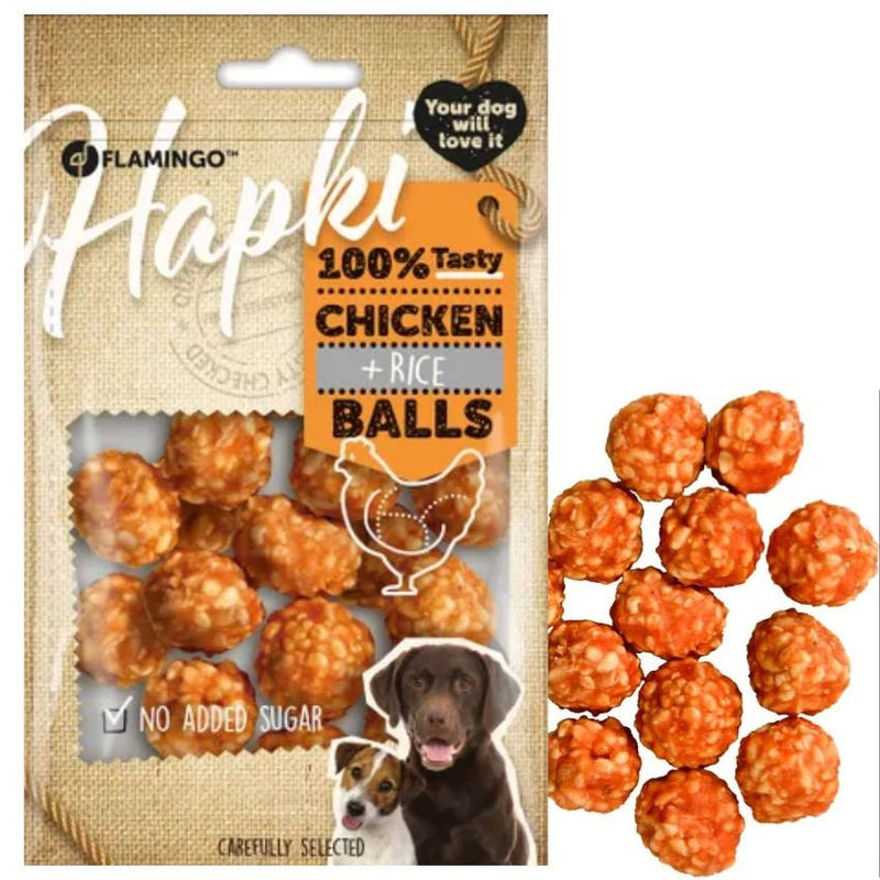 Лакомство за кучета Flamingo HAPKI CHICKEN & RICE BALLS 75гр – кюфтенца с пиле и ориз 75 гр.