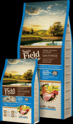 Пълноценна суха храна за кучета с висока физическа активност Sam’s Field Dog Fresh Chicken and Potato POWER с 70% пилешко месо и зеленчуци 13 кг.