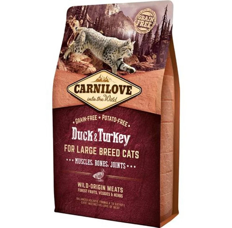 Пълноценна суха храна за котки от големите породи Carnilove Duck & Turkey – Large breed Cats със 32% патешко и 18% пуешко, БЕЗ ЗЪРНЕНИ КУЛТУРИ 2 кг.