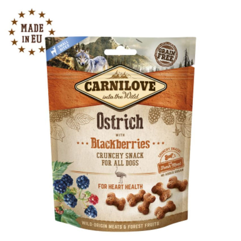 Хрупкави лакомства за куче Carnilove Crunchy snack Ostrich with Blackberries with Fresh meat с 33 %Прясно месо от щраус, 17% сушено и къпини, БЕЗ ЗЪРНЕНИ КУЛТУРИ 0.200 кг.