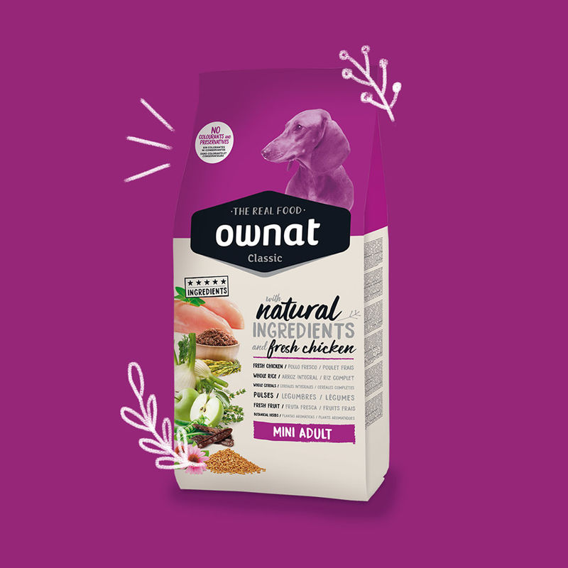 Натурална суха храна Ownat Classic Mini Adult с прясно пилешко месо, за пораснали кучета от малки породи 8 кг.