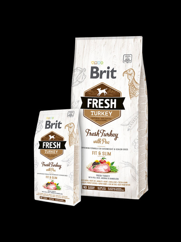 Холистична суха храна Brit Fresh Turkey with Pea Adult Fit & Slim за кучета склонни към наднормено тегло, с прясно пуешко месо и грах 12 кг.