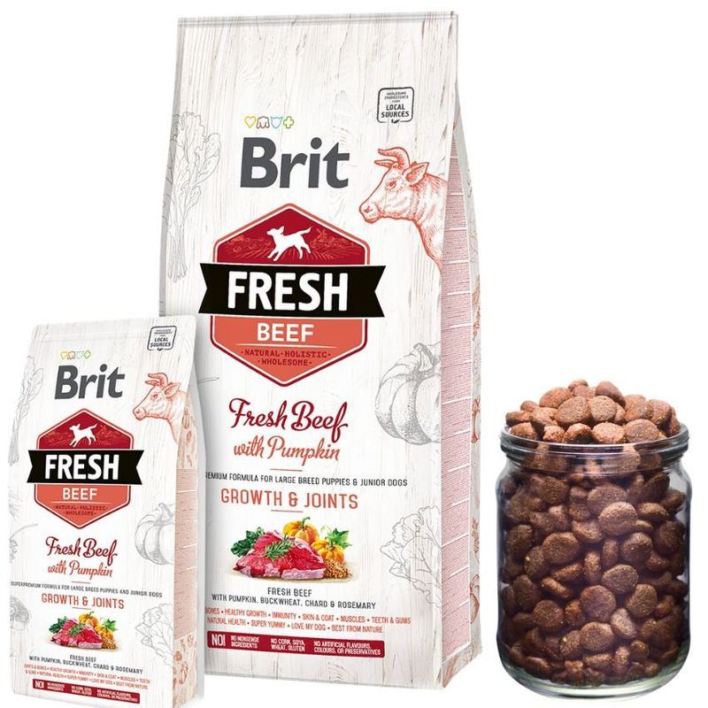 Холистична суха храна Brit Fresh Beef with Pumpkin Puppy Large Bones & Joints  за подрастващи кученца от големите породи, с прясно телешко месо и тиква 12 кг. 4
