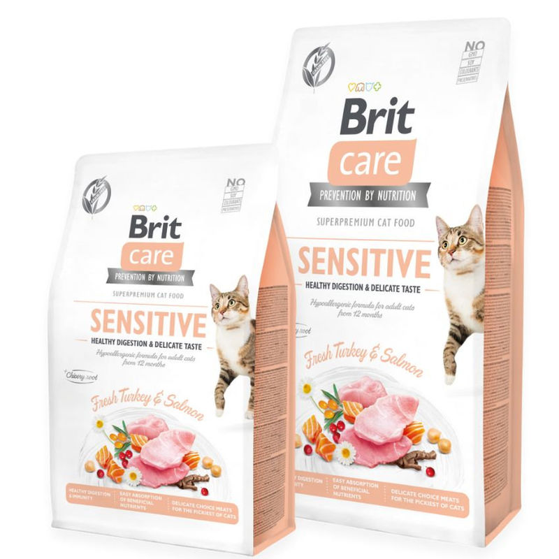 Пълноценна суха храна за котки с чувствително храносмилане Brit Care Cat Grain-Free SENSITIVE HEALTHY DIGESTION AND DELICATE TASTE със 26% прясно пуешко, 26% сьомга и зеленчуци, БЕЗ ЗЪРНЕНИ КУЛТУРИ 2 кг.