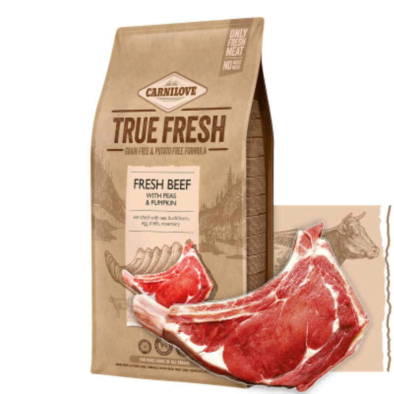 Ултра премиум суха храна Carnilove TRUE FRESH Beef for Adult МОНОПРОТЕИНсъс 60% истинско, прясно телешко месо, грах и тиква, БЕЗ ЗЪРНЕНИ КУЛТУРИ, подходяща за всички породи 11.4 кг.