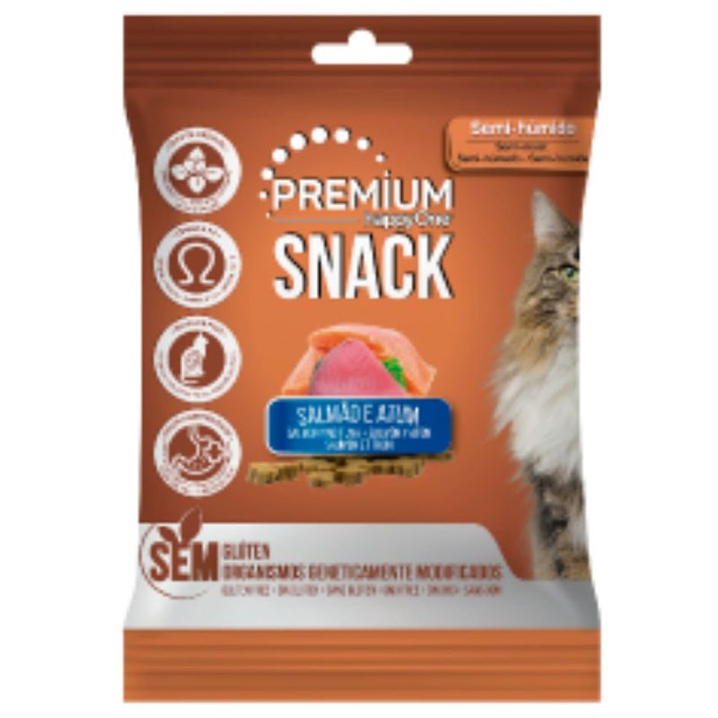 Хипоалергенно лакомство за котки HappyOne MEDITERRANEUM Premium Salmon and Tuna БЕЗ ГЛУТЕН, със сьомга, риба тон и пиле 50 гр.