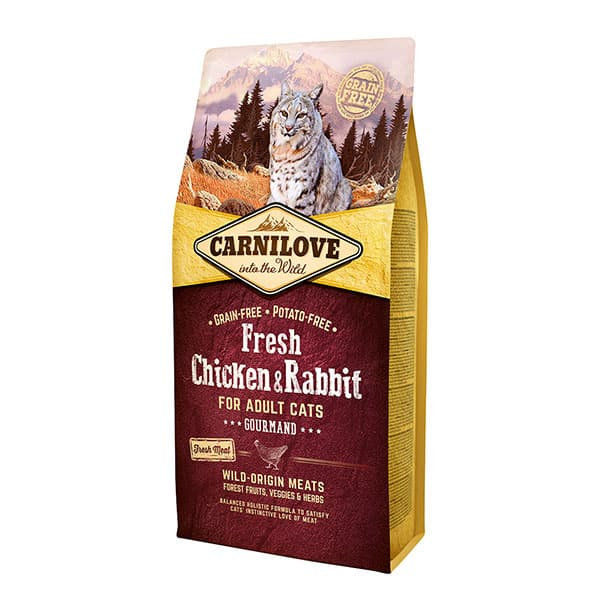 Пълноценна суха храна за котки Carnilove Fresh Chicken & Rabbit Gourmand for Adult cats с 42% прясно пилешко и 22% заешко БЕЗ ЗЪРНЕНИ КУЛТУРИ 0.400 кг.