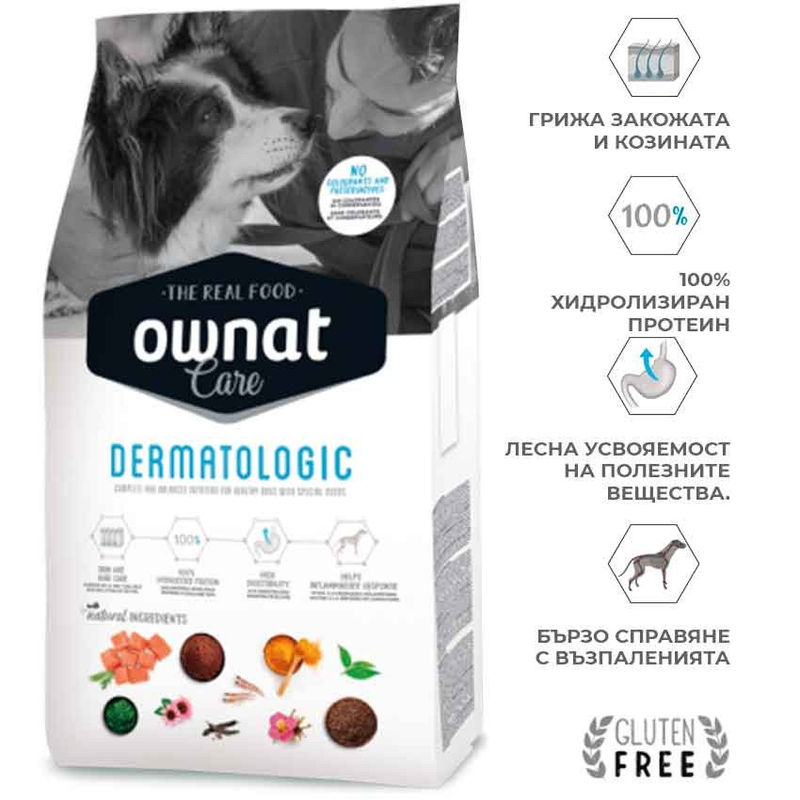 Профилактична храна Ownat Care Dermatologic – за кучета с алергии и кожни проблеми, с хидролизиран протеин от сьомга и крил, обогатена с куркума и масло от пореч