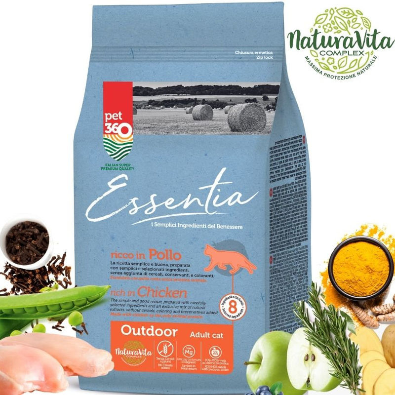 Супер премиум храна за котки Essentia OUTDOOR, БЕЗ ЗЪРНО, със 77% протеин от  прясно пилешко месо + куркума и розмарин, за котки, които имат достъп до външна среда или за такива с ниско телесно тегло 1.5 кг. 2