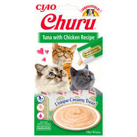 Кремообразно котешко лакомство Churu Cat Treats Tuna with Chicken Recipe мус от риба тон и пилешко 4×14гр.