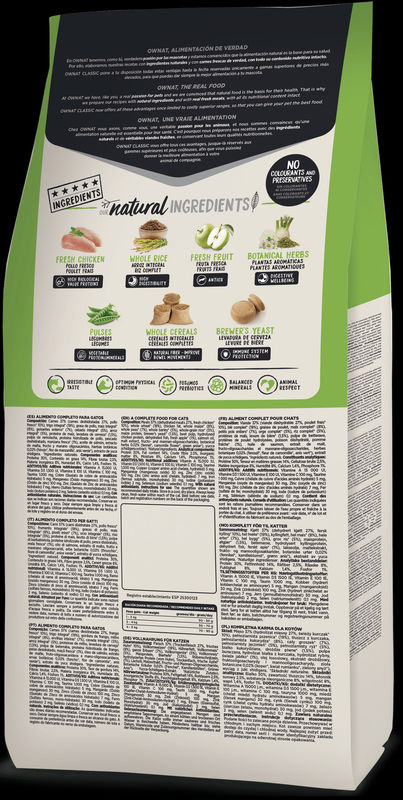 Натурална суха храна Ownat Classic Hairball с прясно пилешко месо, за предотвратяване на образуването на космени топки 1.5 кг.