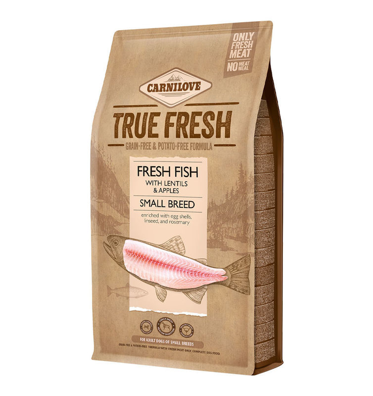 Ултра премиум суха храна Carnilove TRUE FRESH FISH Small Breed със 60% истинско, прясна риба, черупки от яйца, ленено семе и розмарин БЕЗ ЗЪРНЕНИ КУЛТУРИ, подходяща за кучета от малките породи 4 кг.