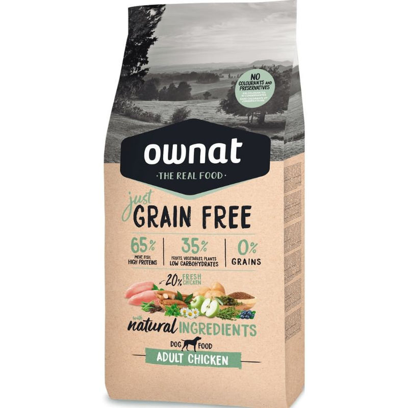 Натурална суха храна Ownat Adult Grain Free Chicken – БЕЗ зърнени култури за пораснали кучета от всички породи, с 65% пилешко месo 14 кг.