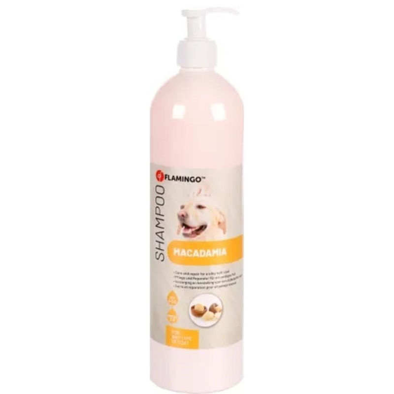 Възстановяващ шампоан Flamingo MACADAMIA SHAMPOO 1L – с макадамия за кучета и кученца, с дозатор за лесна употреба 1л.