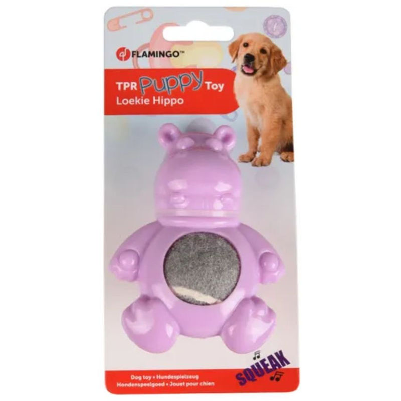 Гумена играчка Flamingo Toy Loekie с тенис топка за куче- Хипопотам лилав 2