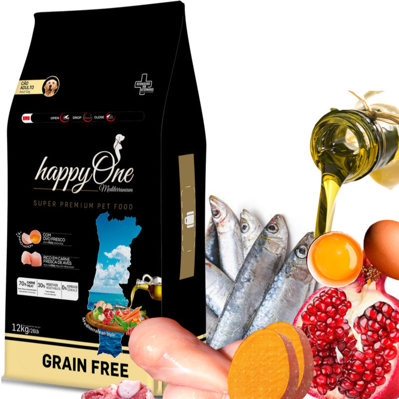 Средиземноморска храна HappyOne MEDITERRANEUM Adult за пораснали кучета от всички породи с пилешко месо, сардини, зехтин, яйца и нар 12 кг.