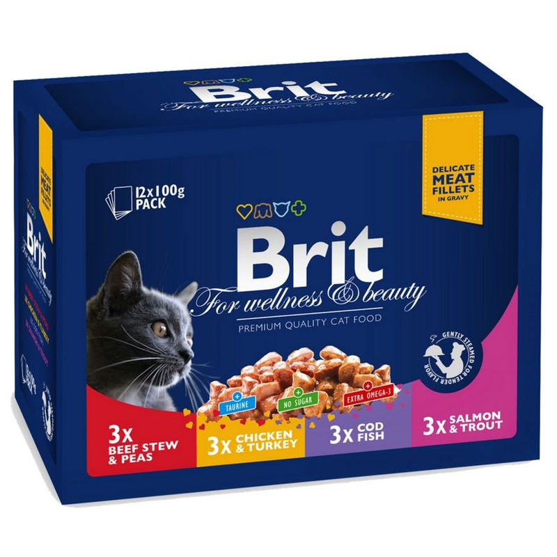 Brit Cat Premium Pouches Plate Family – 12х100гр паучове за котки с различни вкусове