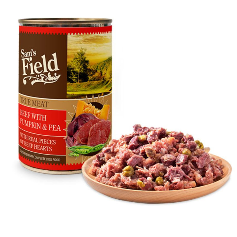 Натурална консервирана храна за кучета Sam’s Field DOG True Meat Beef with Pumpkin късчета от 60% прясно говеждо месо, тиква и грах 0.400 кг.