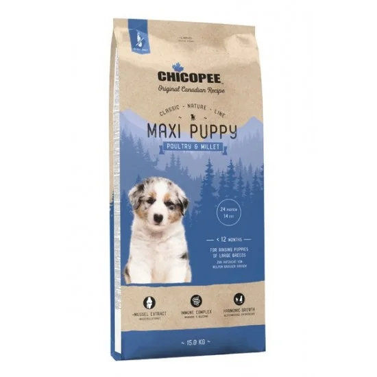 Chicopee Classic Nature Puppy Maxi - храна за кучета за едри породи под 18 месеца с птиче и просо, 15 кг