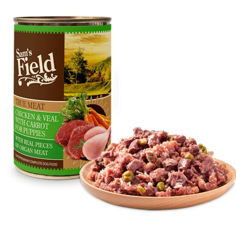 Натурална консервирана храна за малки кученца Sam’s Field DOG True Meat Chicken & Veal PUPPIES с късчета от 60% прясно пилешко и телешко месо 0.400 кг.